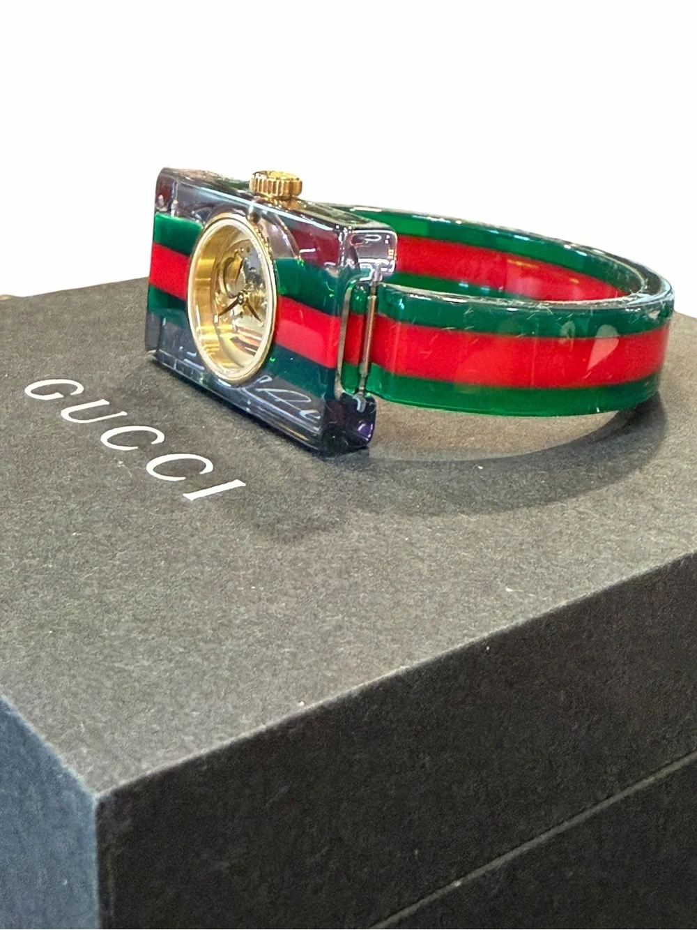 Gucci Skeleton Clear Rectangular Watch with Red and Green Stripe Strap - Picture 3 of 11